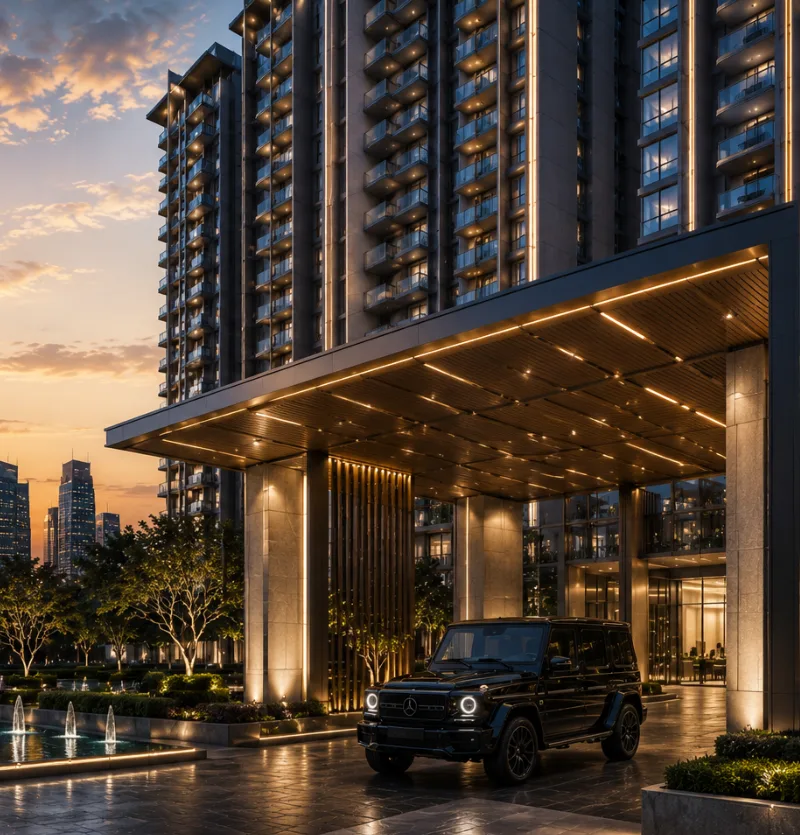 Illuminated porte-cochère arrival — artist's impression