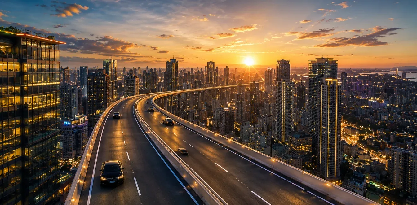 Elevated expressway connectivity at sunset — illustrative